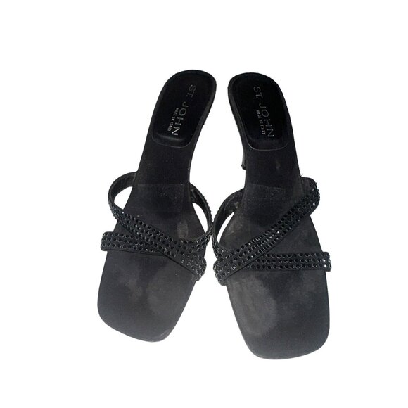 St. John Rhinestone Embellished Black Satin Heels Strappy Sandals Sz 8 AA READ - Picture 2 of 12